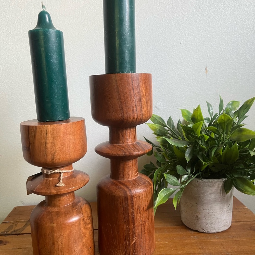 Handcrafted Chunky Wood Tapered Candlestick Holder Set India Candleholder Decor